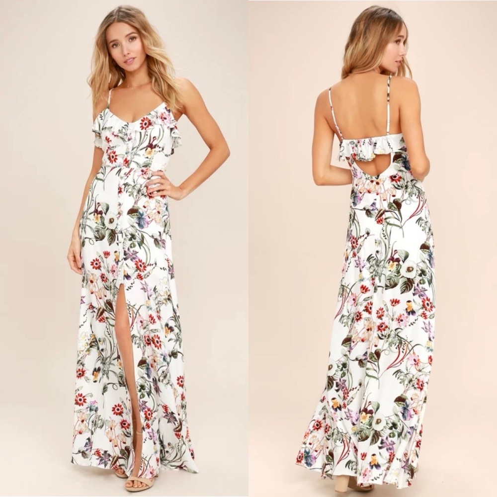 Lulu’s Bloom On Ivory Floral Print Maxi‎ Dress